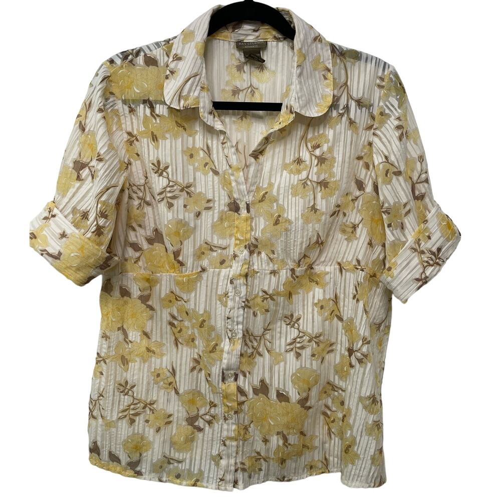 Bay Studio Khakis Floral Button-Up Blouse Textured Yellow Women XL Granny Summer